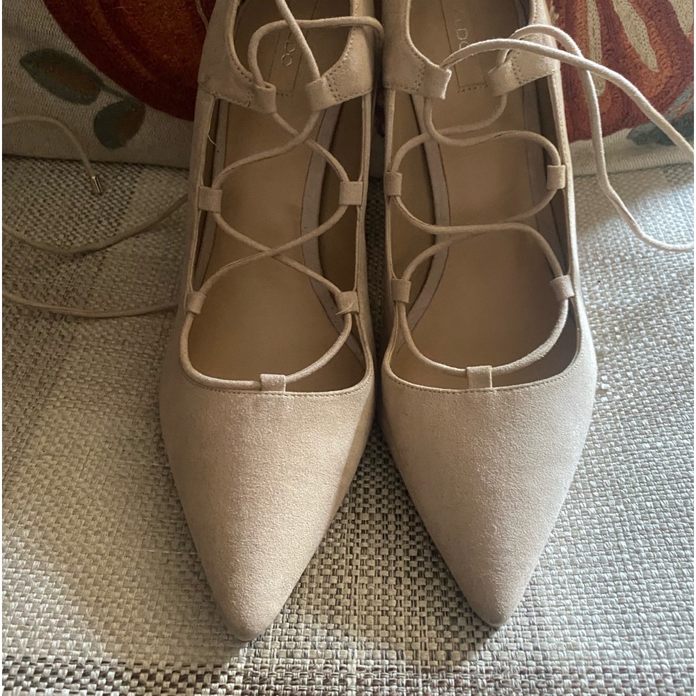 Aldo faux suede tan ankle strap heels